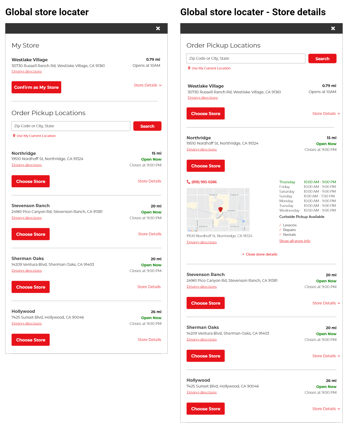 High fidelity mockups of the Guitar Center global store locator