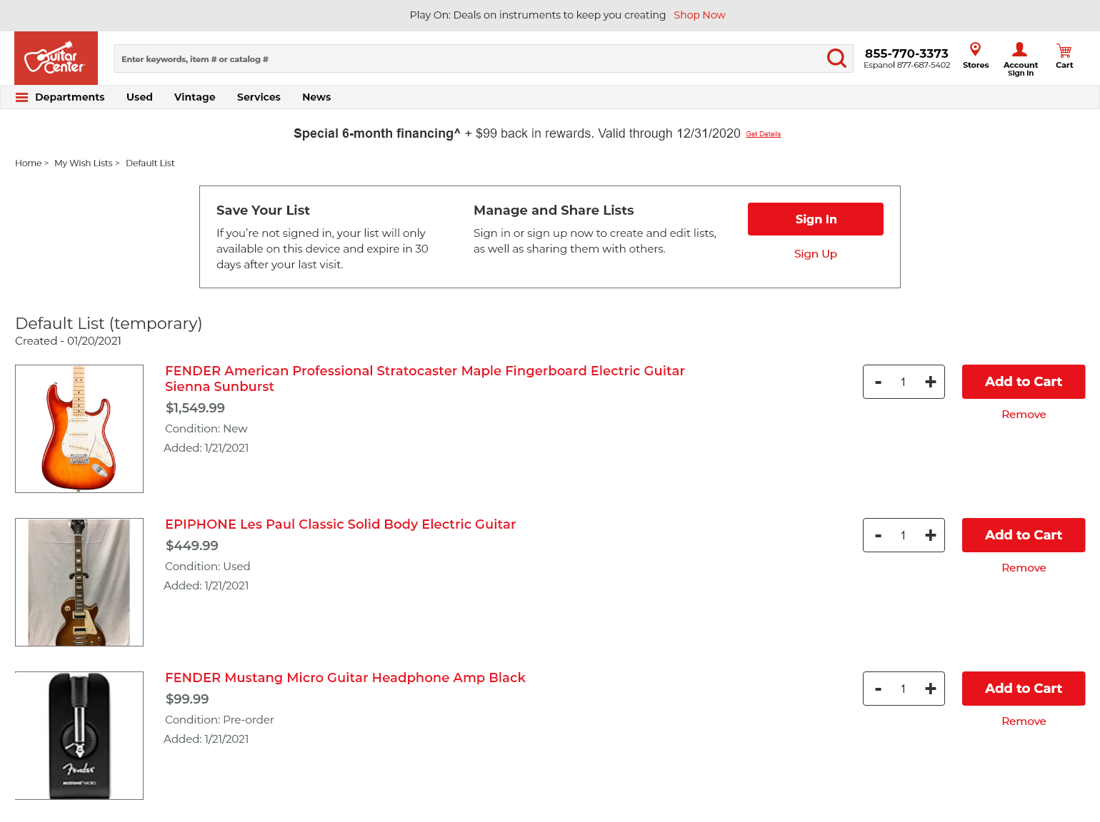 Wireframe of the default view of the wish list showing a banner to sign in or sign up