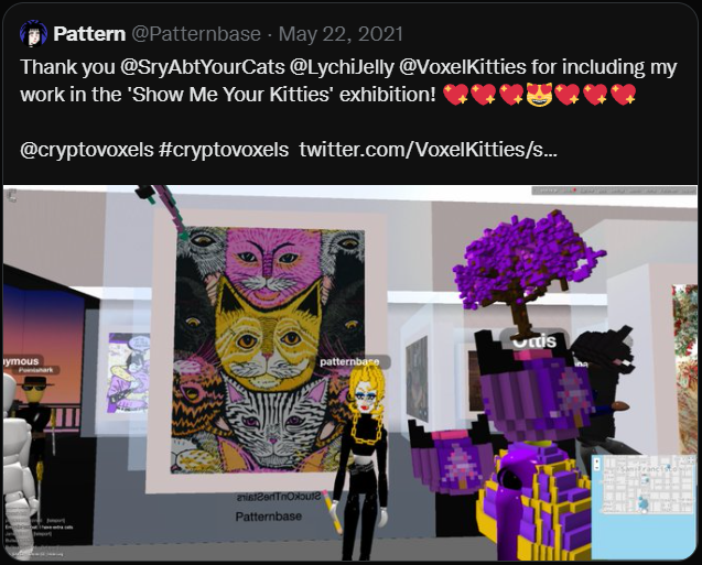 Screenshot of tweet from Patternbase (NFT artist) thanking creators of the 'Show Me Your Kitties' exhibit. Screenshot of Patternbase's avatar standing in front of her digital cat painting.