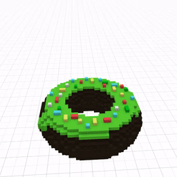 Spinning voxel wearable of a chocolate donut with green glaze and sprinkles.