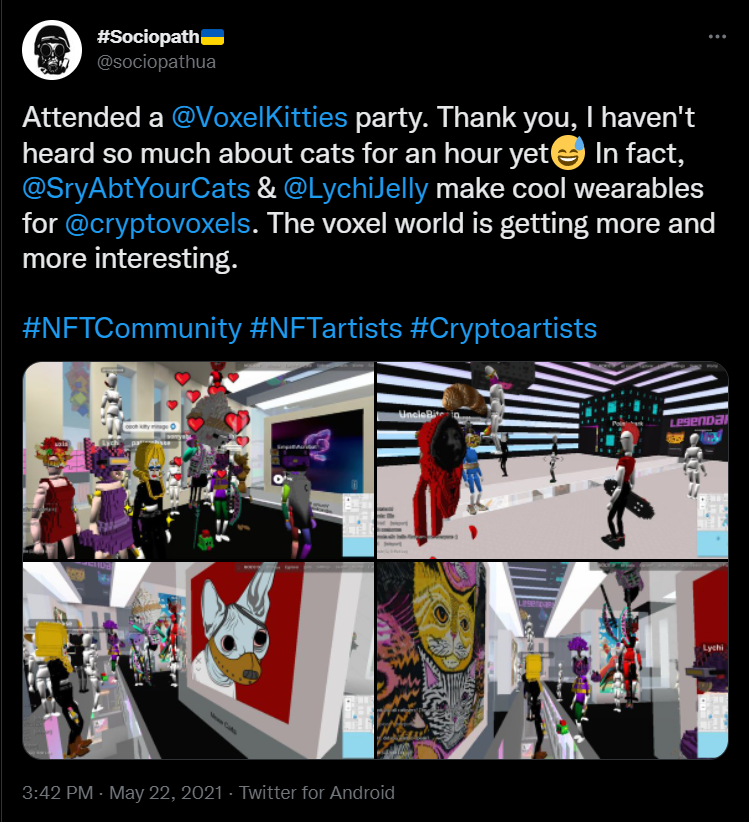 Screenshot of tweet from sociopathua about the the Voxelkitties event, includes 4 screenshots from event showing cat art, avatars, and emojis inside a digital museum.